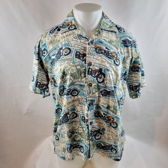 Dem Crazy Shirt Mens Medium Blue Button Up Camp Motorcycle Road Trip Travel - Picture 1 of 6